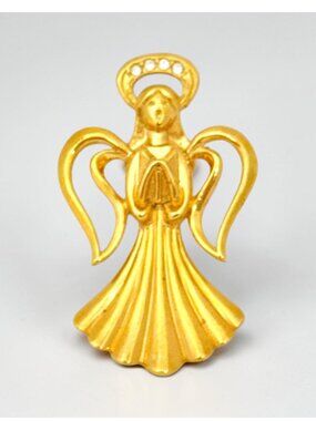 Heavenly Angel Lapel Pin Singing Praying - Halo w/Rhinestones Gold Tone